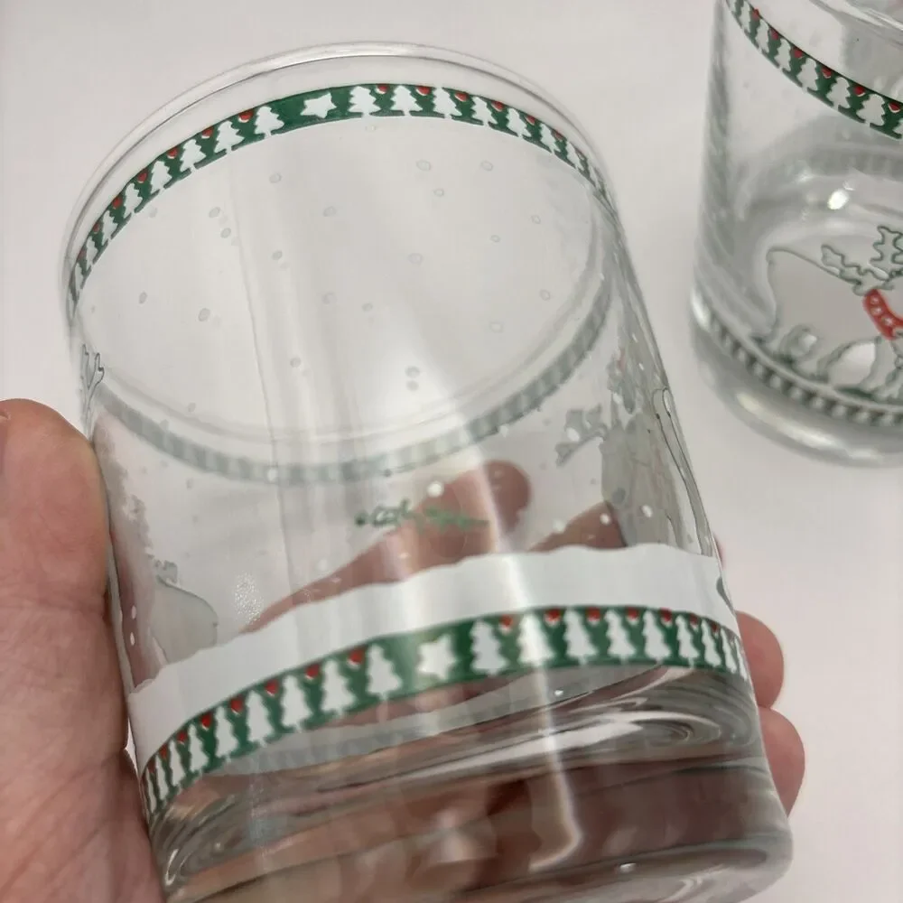 Vtg Christmas Anchor Hocking Kissing REINDEER Glasses Barware Tumbler Cathy Heck